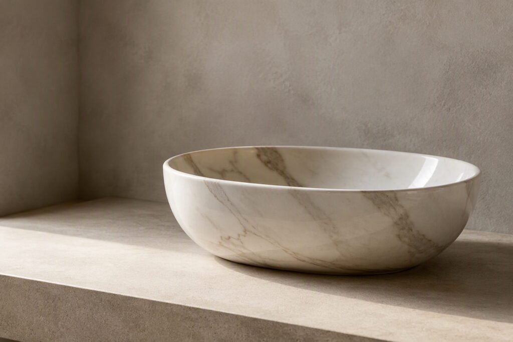 marble effect ceramic vessel basin on a stone countertop in a minimalist bathroom