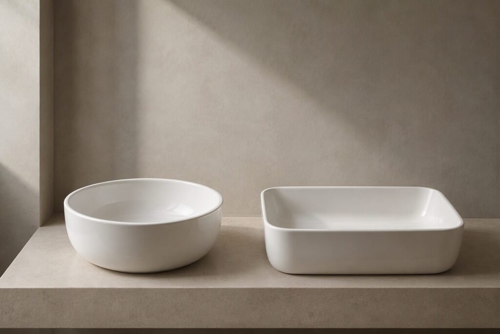 two white ceramic vessel basins on a stone countertop in a modern bathroom - bowl sizing reference for vessel sink installation