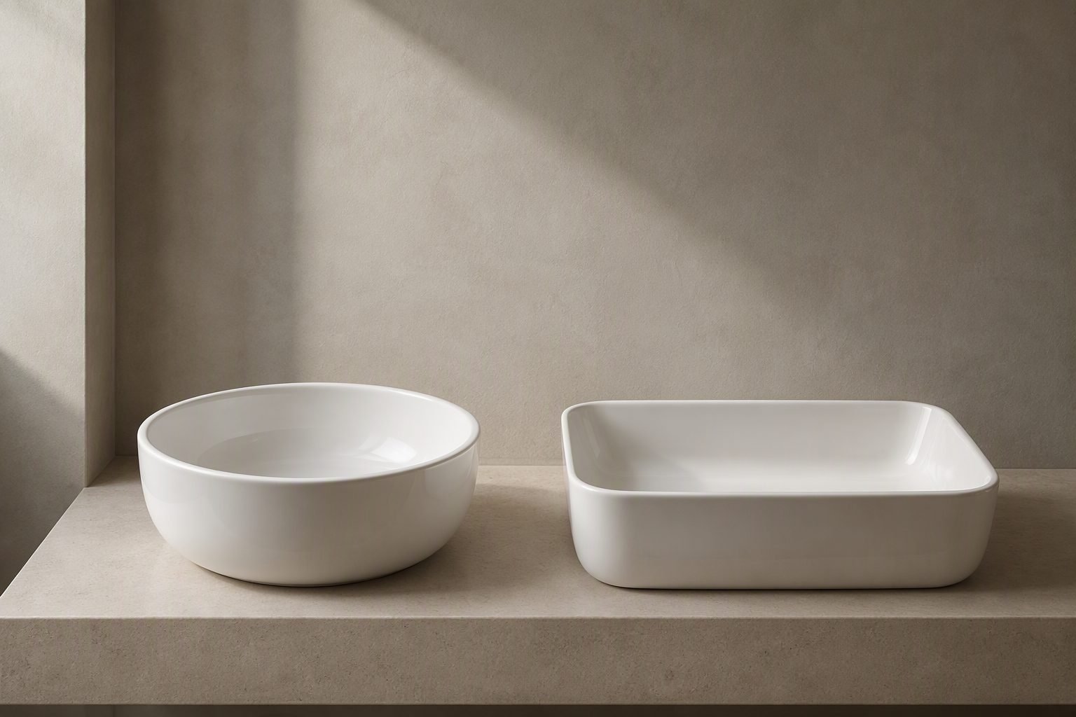 two white ceramic vessel basins on a stone countertop in a modern bathroom